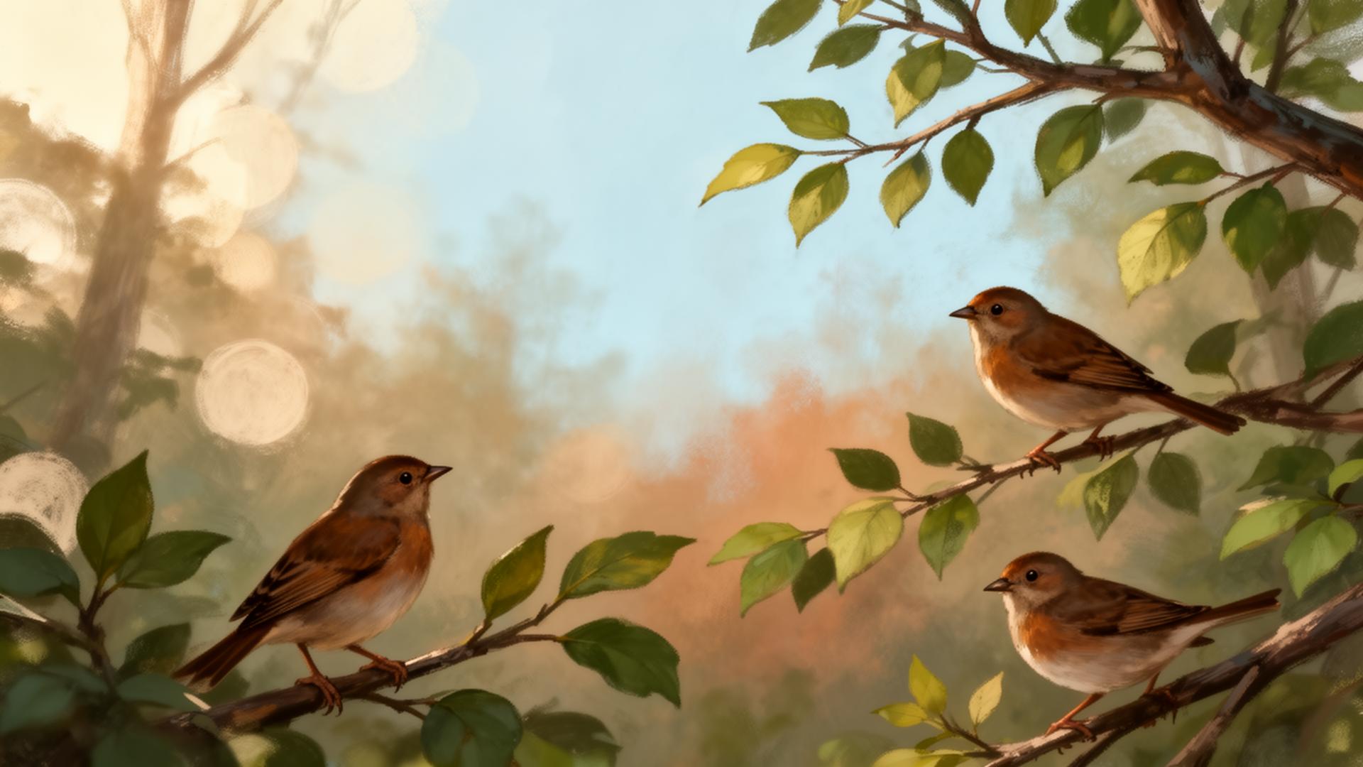 Zangvogels in een zonbeschenen boomtak